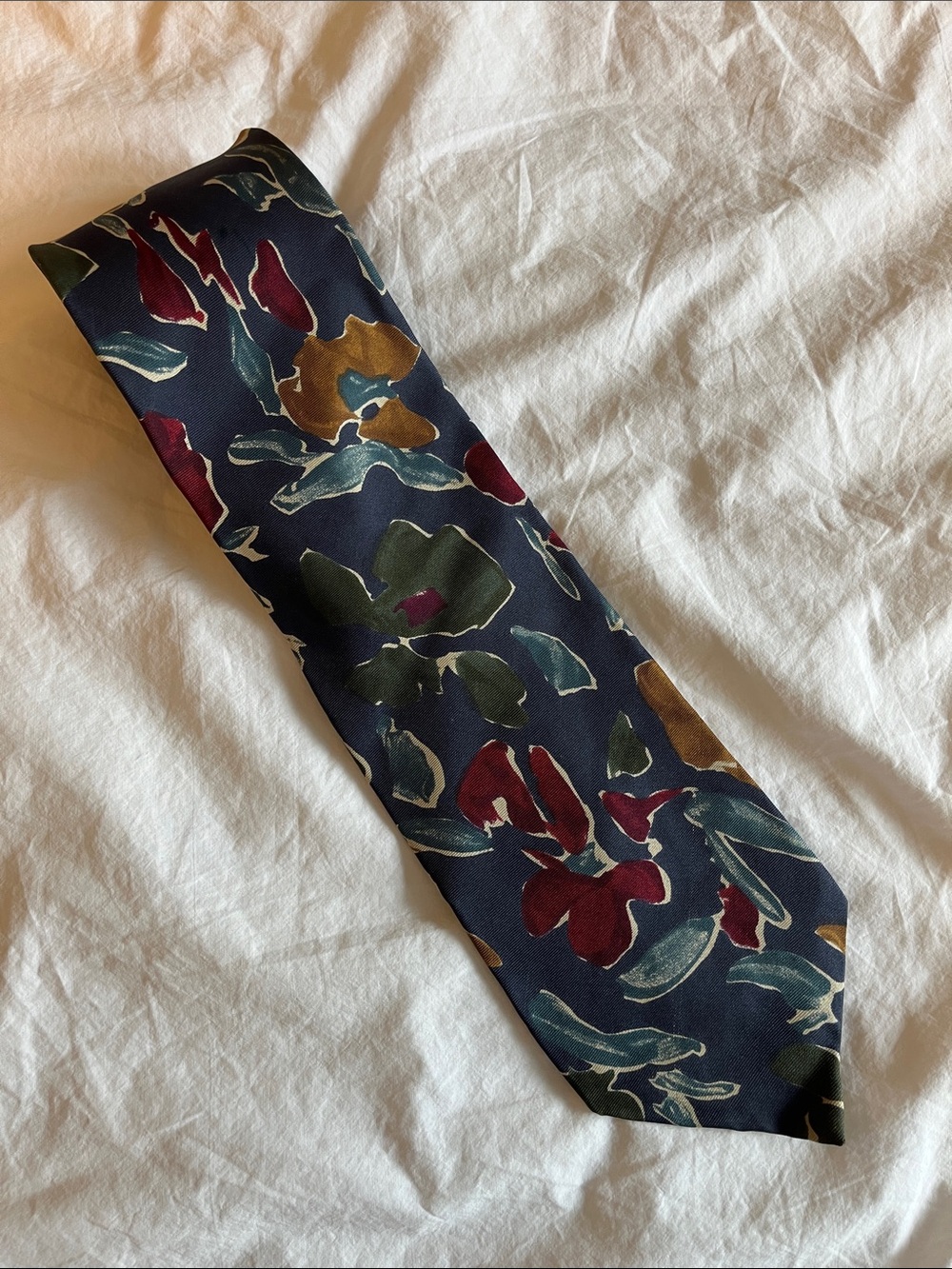 Vintage Kuppenheimer Navy Floral Silk Tie with Burgundy, Green, & Mustard Accent